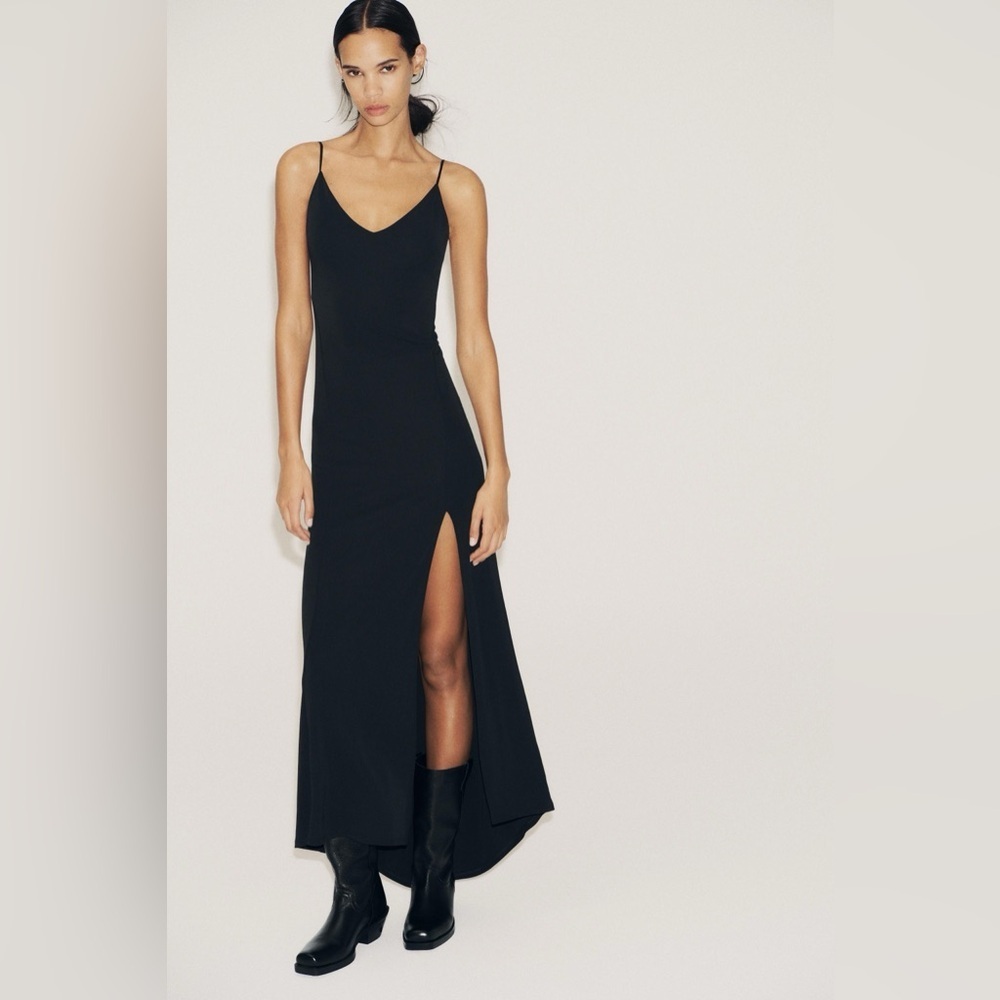 Zara Black V-Neck Spaghetti Strap Maxi Dress with Side Slit - Size S